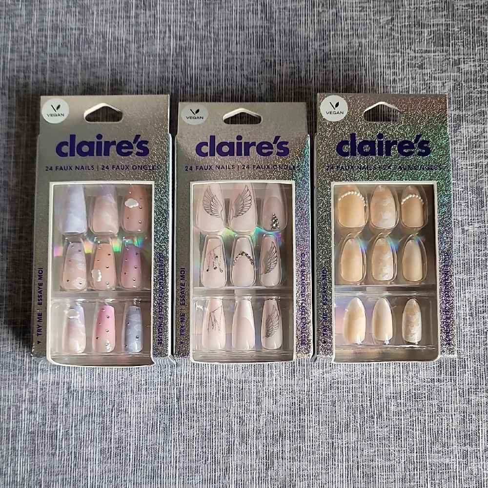 3 Packs of Claires Glue On Nails Rhinestones Pink Cream New